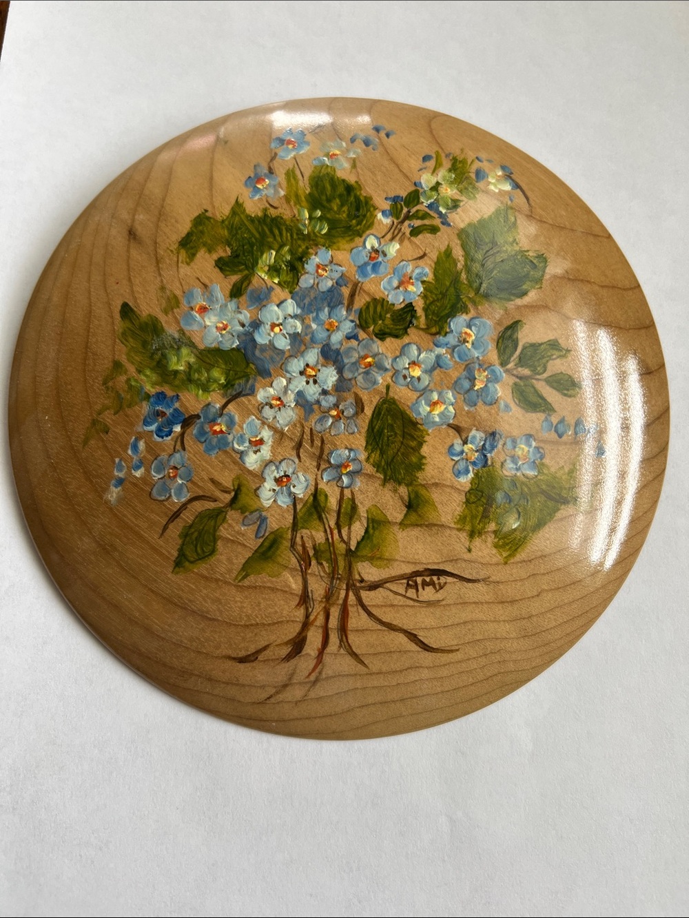 Vintage Hand-Painted Floral Myrtle Wood Wall Art — Blue & Green Signed